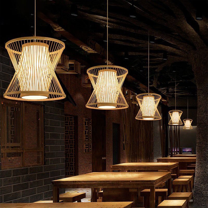 Accensione a ciondolo a ciondolo a gabbia simmetrica Nordic Bamboo 1 Bulbo Beige Pendulum Light for Restaurant