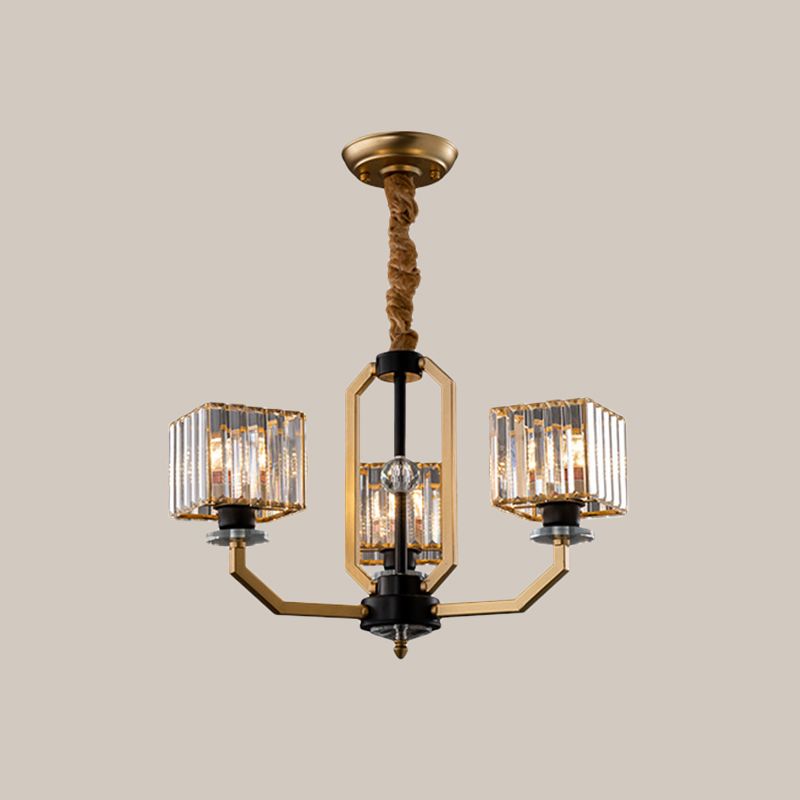 3/6 Bulbs Dining Room Chandelier Light Contemporary Gold Ceiling Lamp with Cubic Crystal Block Shade