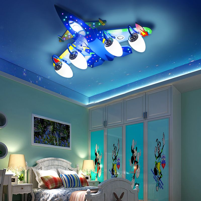 Jet Childrens Bedroom Ceiling Lamp Wooden Cartoon Flush Mount Light Fixture in Blue