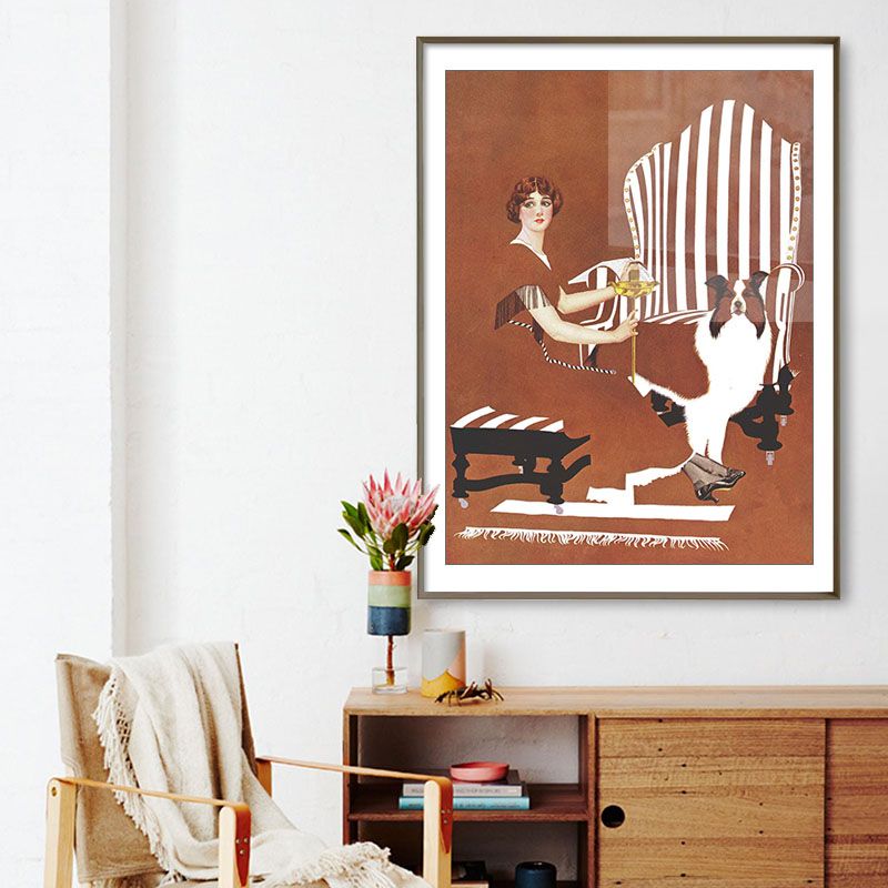 Brown Traditional Art Print Illustration Housewife and Her Dog Drawing Canvas for Home