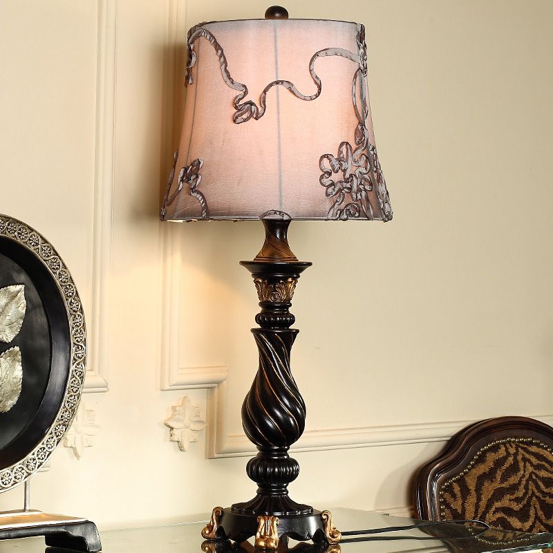 Classic Drum Night Lighting 1 Head Fabric Swirl Patterned Nightstand Lamp in Black with Blaster Base