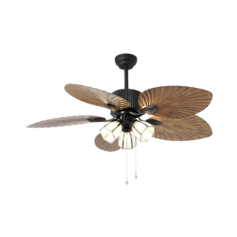 Éclairage de ventilateur de ventilateur résistant à la cloche rétro 3-bulbe de 42 "de large verre à 5 lames de lampe semi-fluste en marron avec chaîne de traction / mur / télécommande