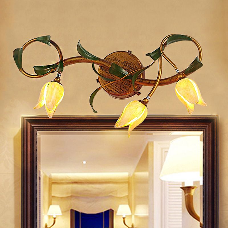 Yellow Flower Vanity Sconce Rustic Glass 3/5 Lights Bathroom Wall Light Fixture with Gold Swirled Arm