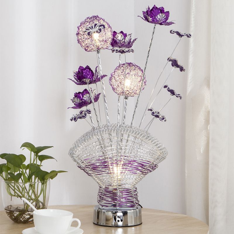 Fan-Shaped Aluminum Table Lighting Decorative LED Bedroom Desk Lamp with Rose and Dandelion Decor in Red/Purple