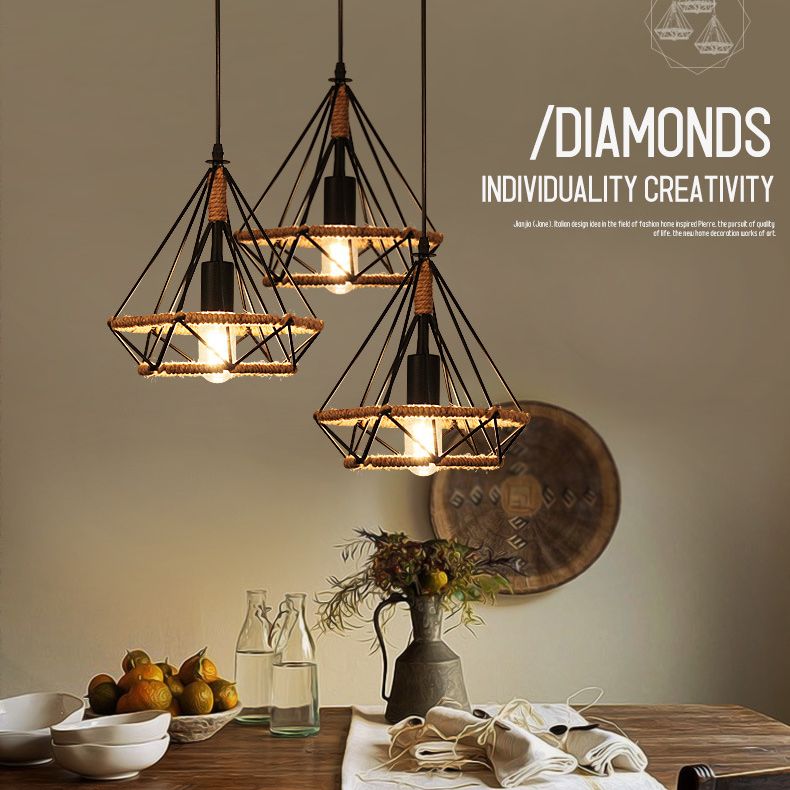 Rope Diamond Pendant Light Fixture Industrial Restaurant Pendant Light Kit in Beige