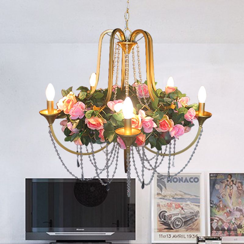 5 Heads Iron Chandelier Lighting Antique Gold Candlestick Restaurant Flower Ceiling Lamp with Crystal Strand