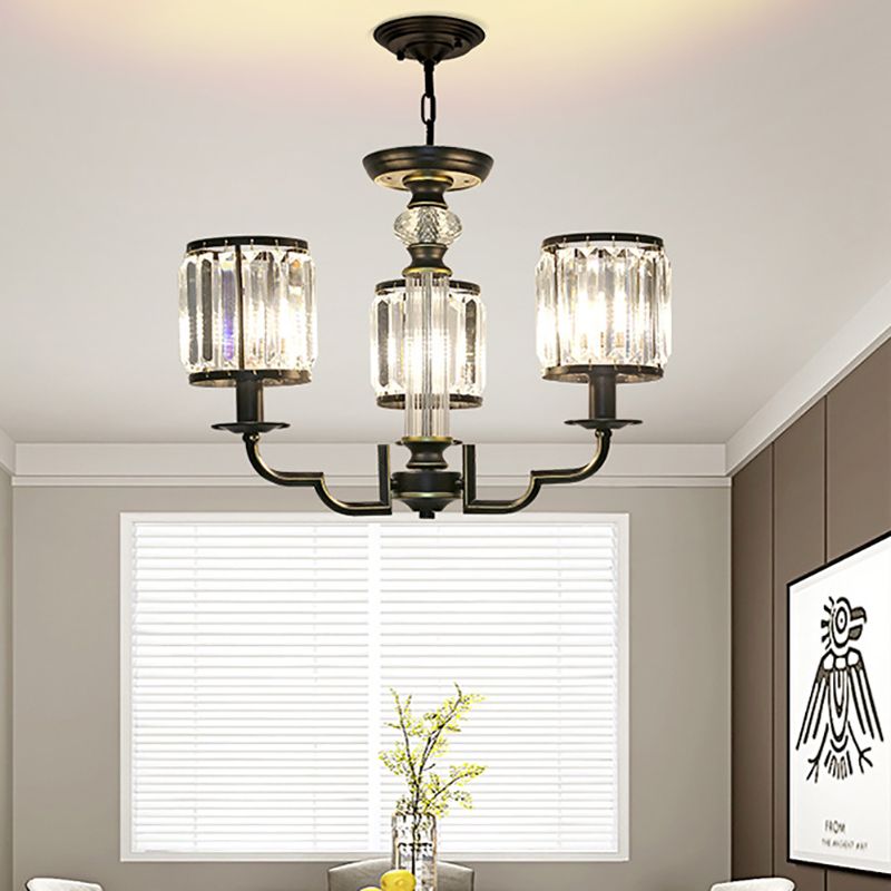 Black Cylinder Chandelier Contemporary Crystal 3/6 Lights Hanging Pendant Light with Adjustable Chain