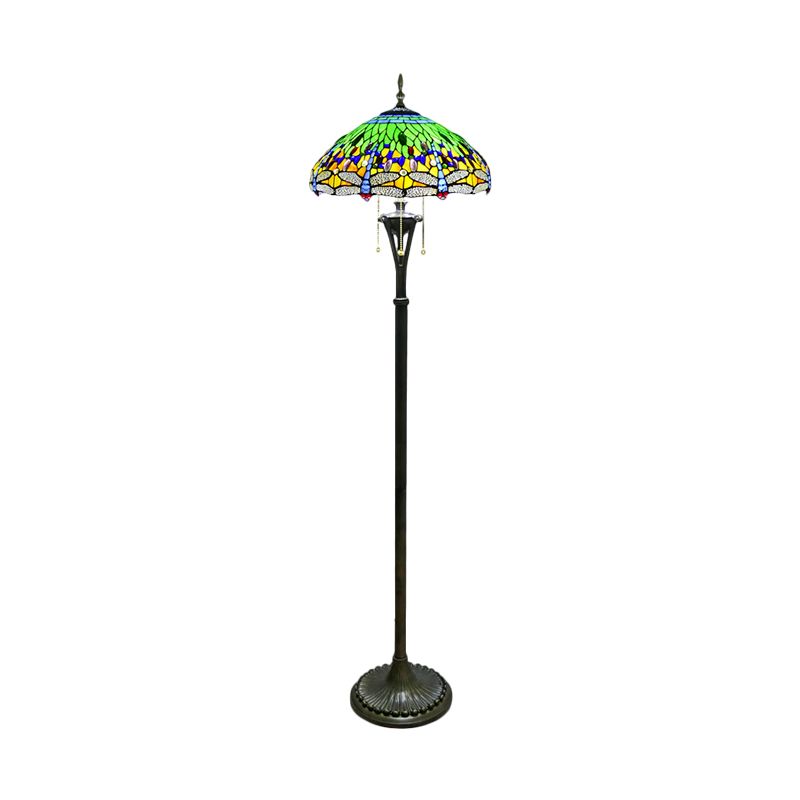 Stained Glass Dragonfly Reading Floor Lamp Baroque 3 Heads Yellow/Blue/Green Pull Chain Stand Up Light with Domed Shade