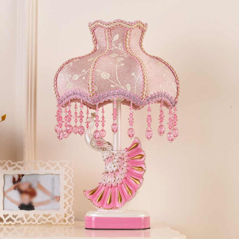 Fabric Dome Table Lamp Nordic 1-Bulb Pink/Blue Reading Book Light with Fringe and Peacock Deco