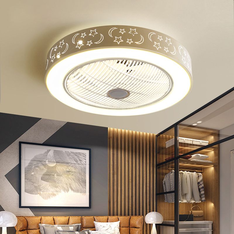 White Hollowed-out Ceiling Fan Nordic Metal LED Round Semi Flush Light for Bedroom