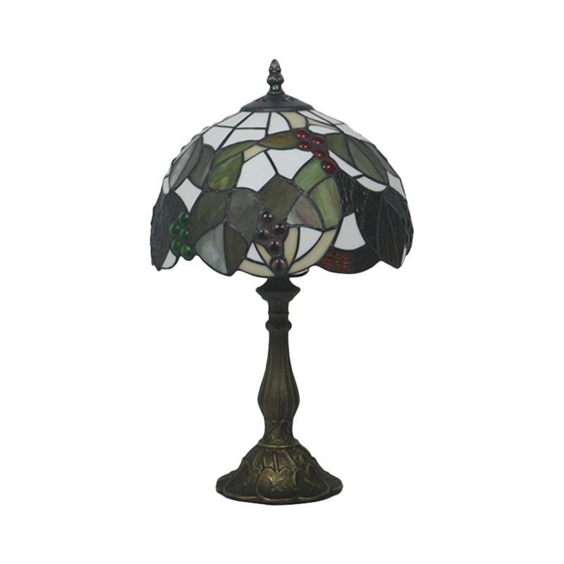 Bowl Shaped Stained Glass Desk Light Tiffany Style 1-Head Bronze Leaf and Fruit Patterned Night Table Lighting