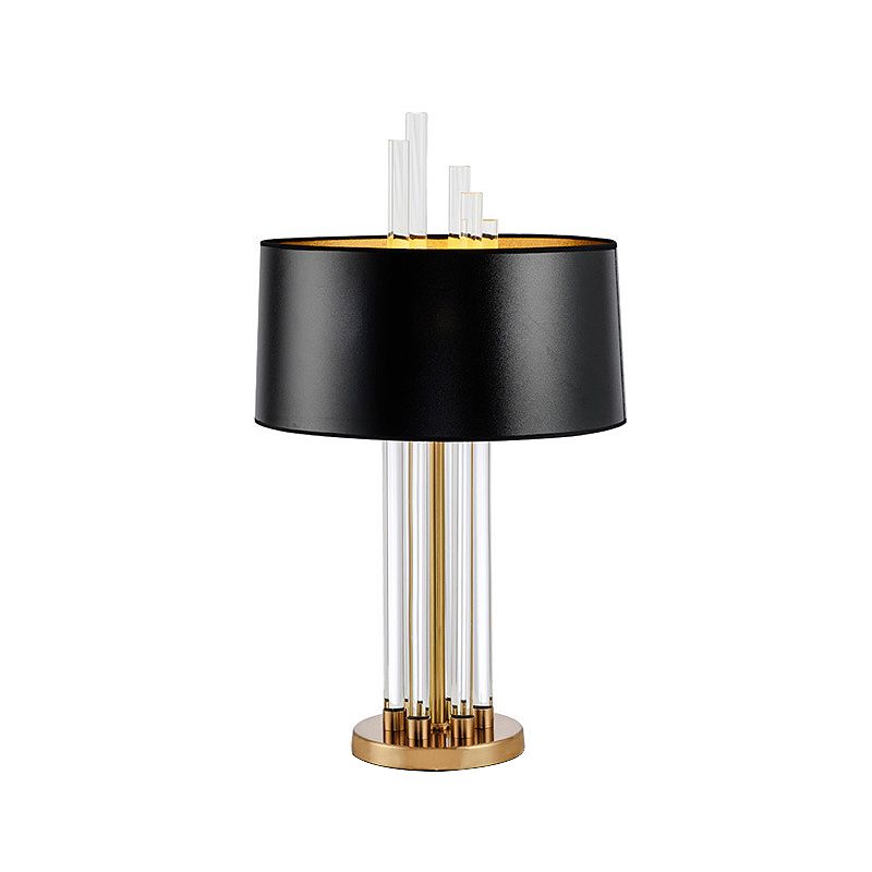 Fabric Black Table Light Round 1 Light Traditional Nightstand Lighting with Clear Glass Column Base