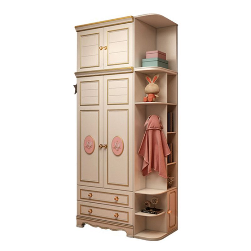 White Colour Solid Wood Wardrobe Cloth Rod Included Youth Armoire with 2 Drawers