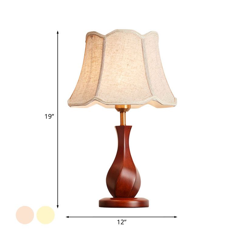 Countryside Flared Night Stand Light 1 Bulb Fabric Table Lamp with Scalloped Trim in Flaxen/Beige