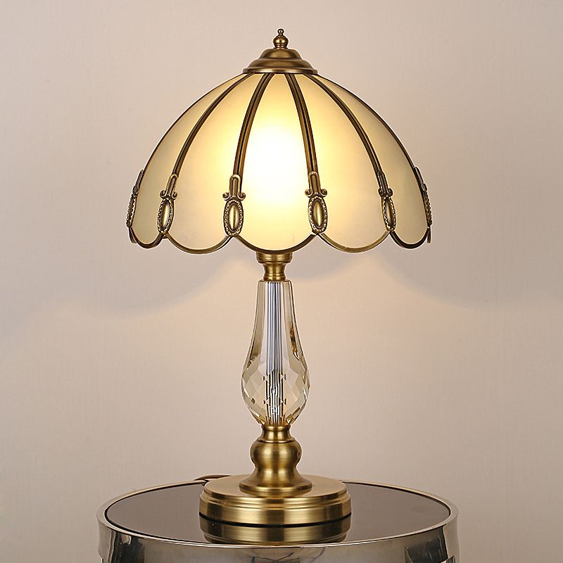 1 Bulb Night Table Lamp Vintage Scalloped Shade Beige/Frosted Glass Nightstand Light in Gold with Clear Crystal Accent