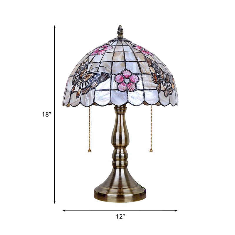 Shell Gridded Bowl Night Light Tiffany 2 Heads Brushed Brass Pull-Chain Table Lighting with Butterfly-Flower Pattern