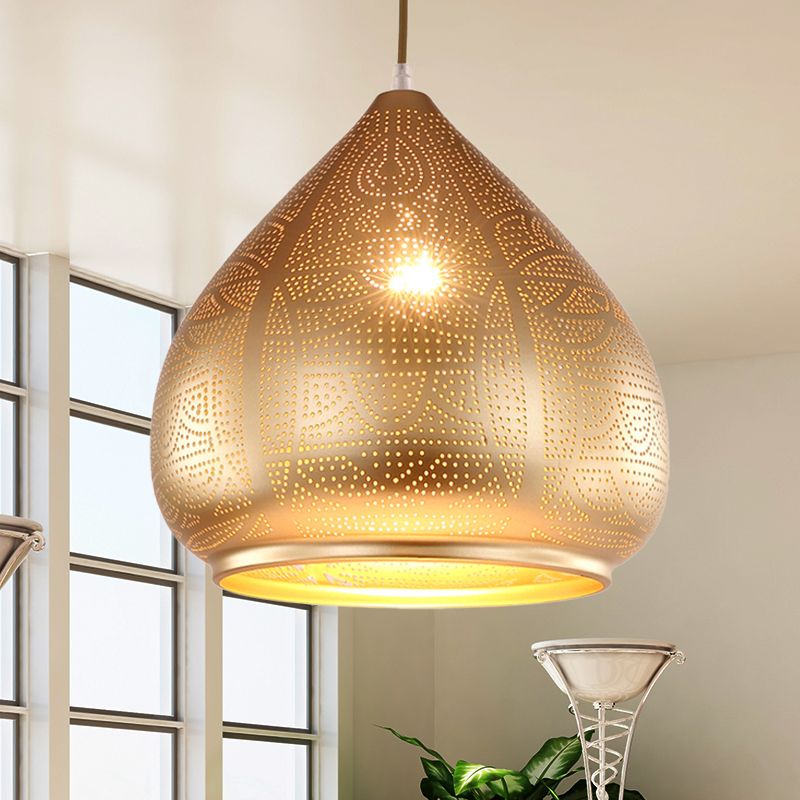 1 Head Teardrop Pendant Lighting Traditional Metal Ceiling Suspension Lamp in Silver/Bronze/Gold