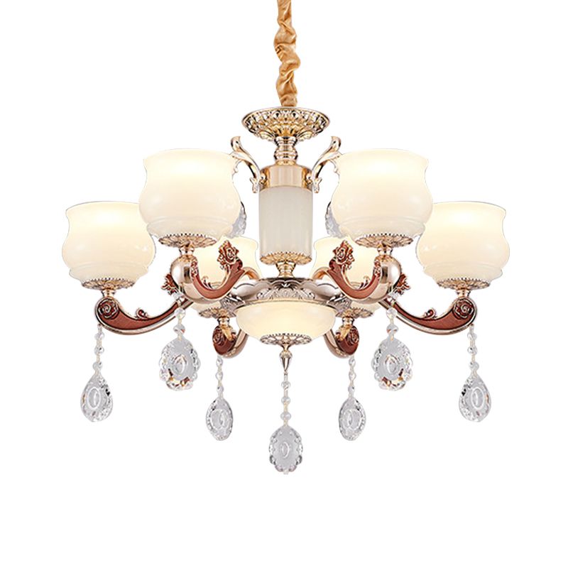 Simplicity Bud Pendant Lighting 6 Bulbs Milk Glass Crystal Chandelier Light Fixture in Champagne