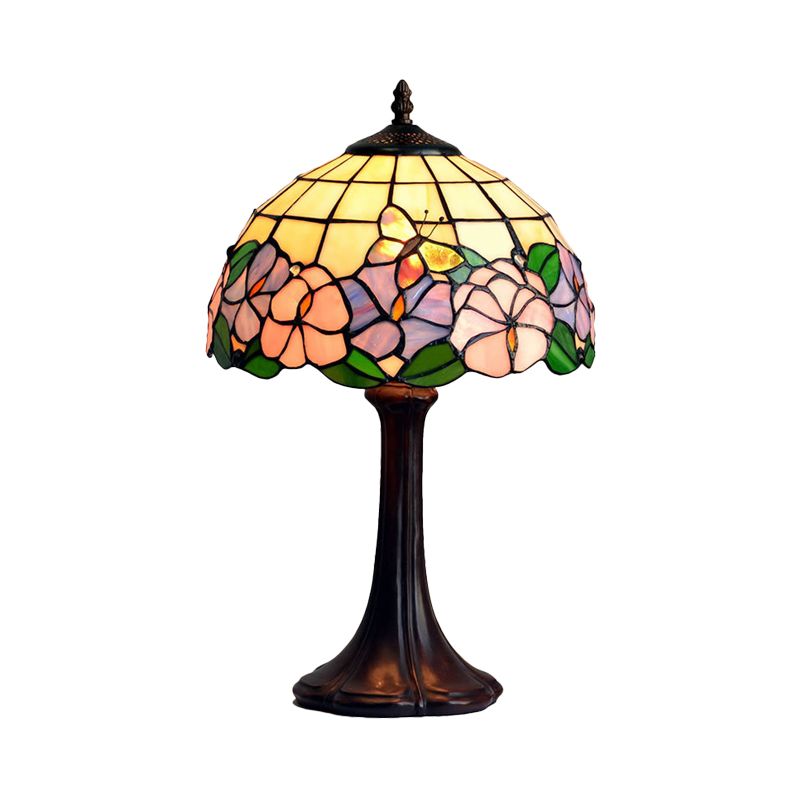 Tiffany Grid Shade Table Lamp 1-Light Hand-Crafted Glass Night Light with Flower and Butterfly Pattern in Coffee