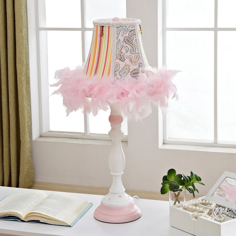 Barrel Resin Table Lamp with Feather Modern 1 Bulb Pink Bedroom Reading Book Light