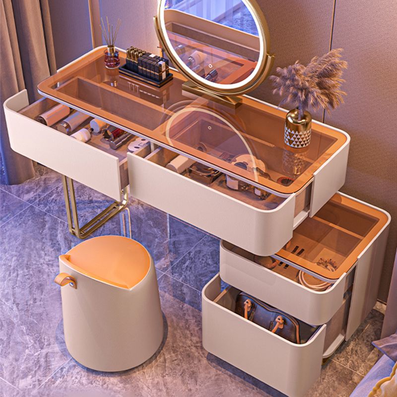 Glam Dressing Table Beige Slate/Glass Top Vanity Table and Stool Set