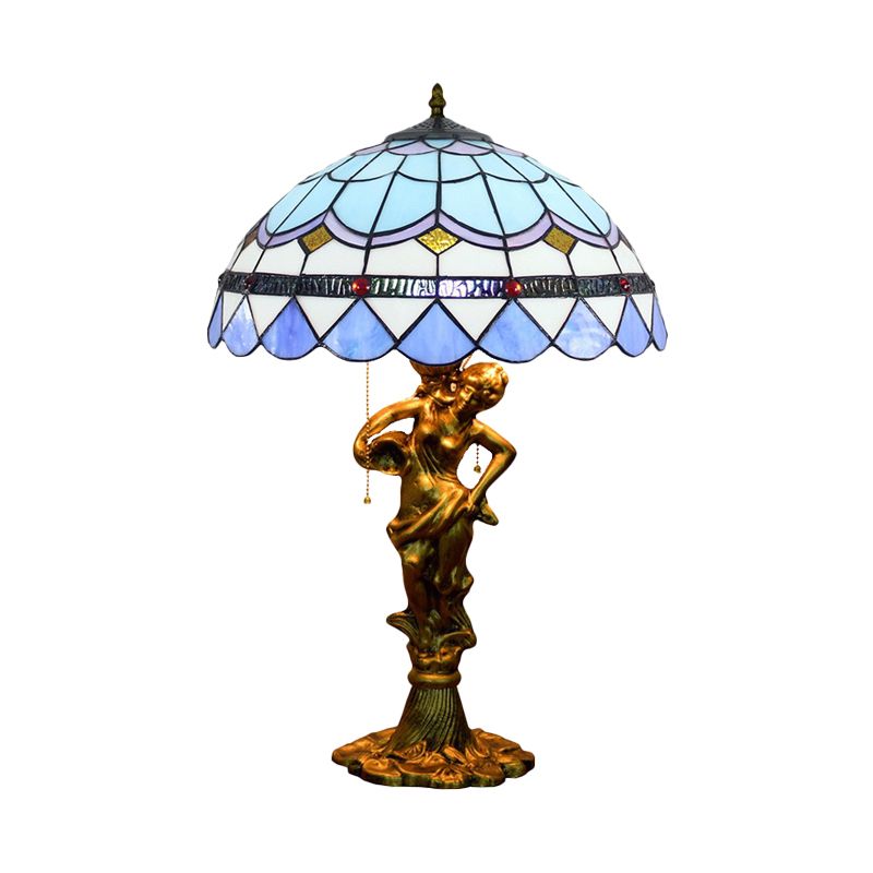 2 Heads Pull Chain Night Light Mediterranean Cone/Dome Beige/Blue-Brown Glass Table Lighting with Bronze Maid Base