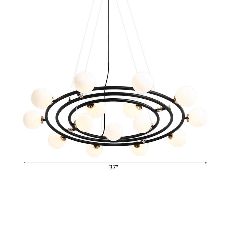 Contemporary Style 9/12/15 Lights Chandelier Black Round Suspension Light with Opal Glass Shade