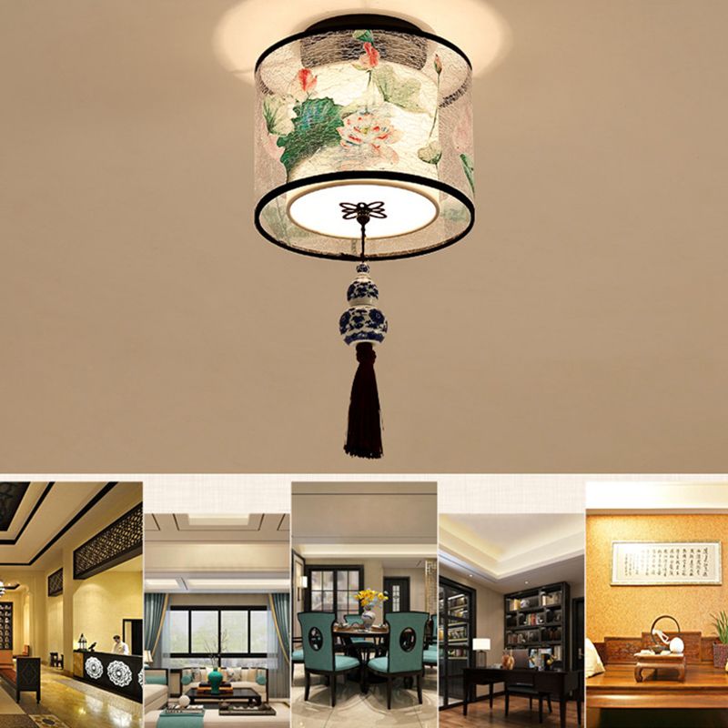 1-Light Geometric Ceiling Light in Traditional Artistic Style Fabrics Semi Flush Mount for Corridor