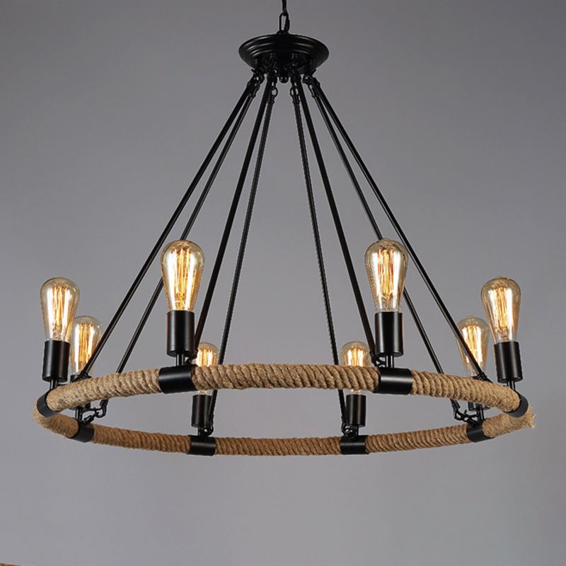 Rope Beige Pendant Chandelier Hoop Industrial-Style Chandelier Lamp for Restaurant