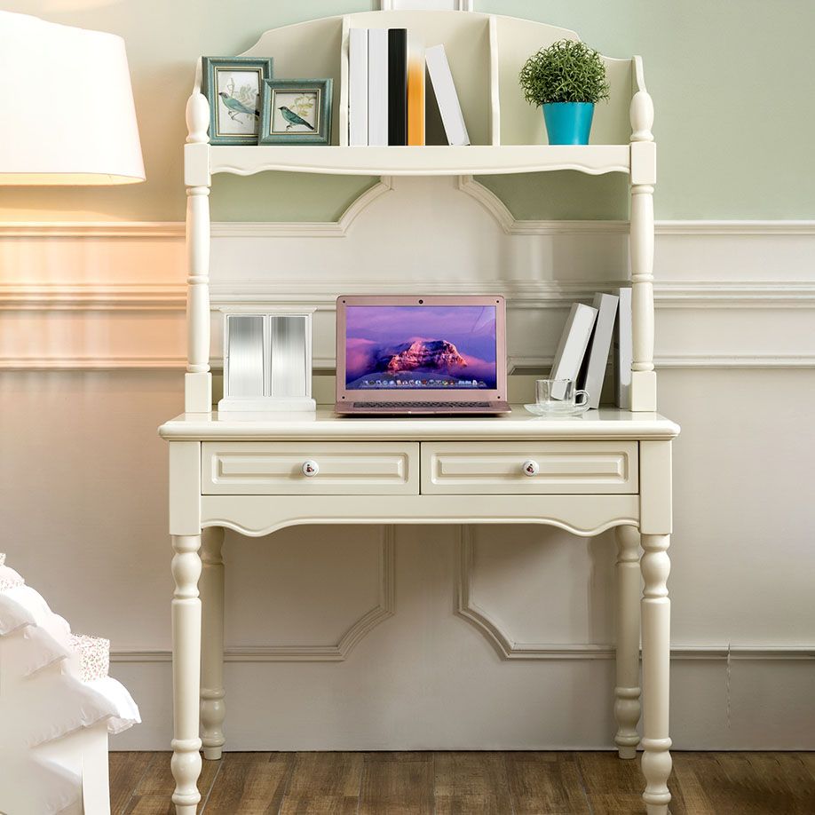 White Solid Wood Writing Desk with Storage Shelves and Storage Drawer