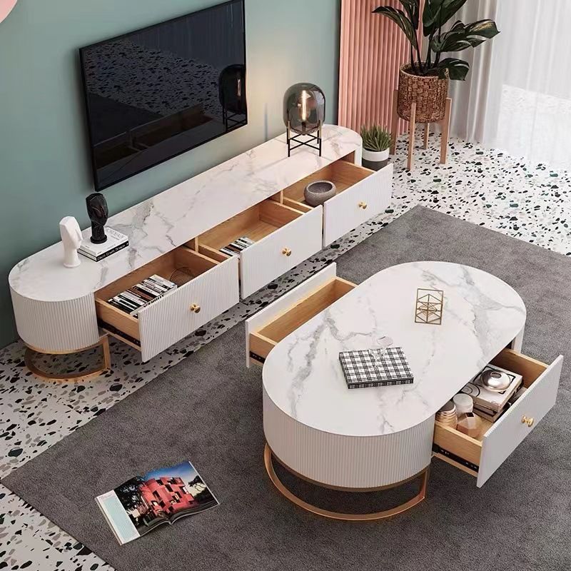 Contemporary Enclosed Storage TV Console White Stone TV Stand Console for Living Room