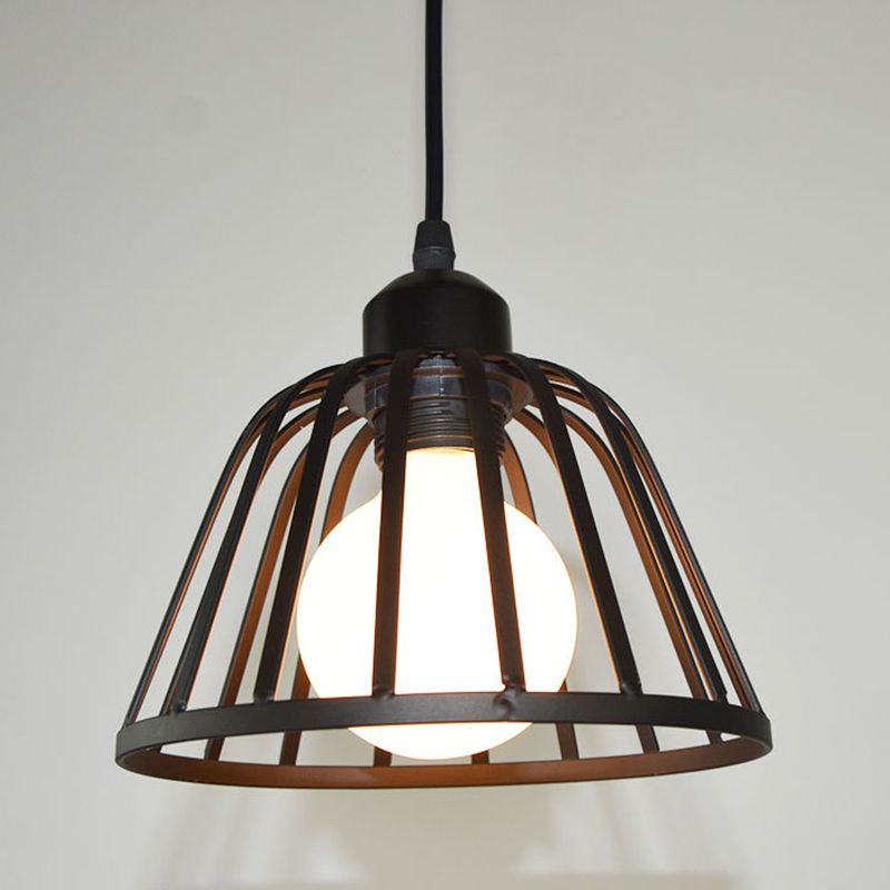 Black Metal Pendant Light Indsutrial Retro Bowl Wire Cage Hanging Lamp for Restaurant