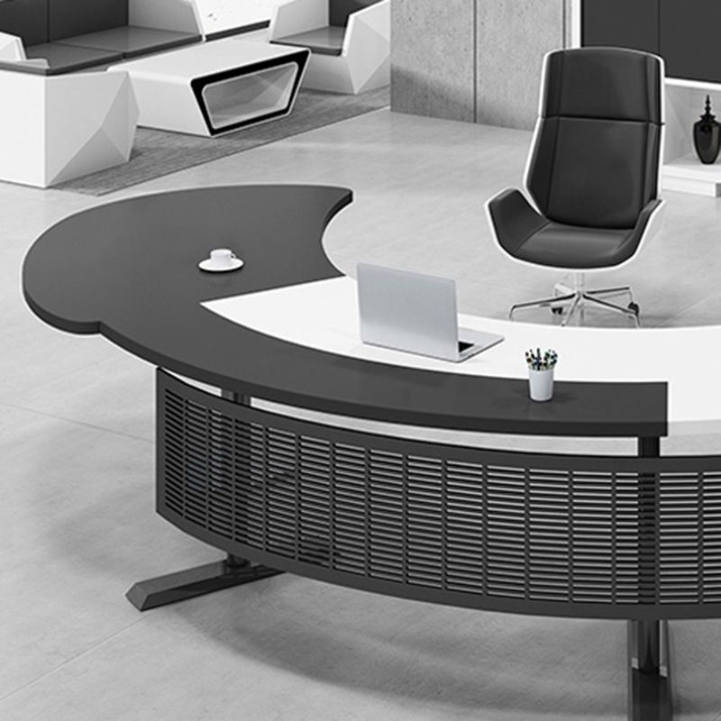 Half Circle Shaped Slate Office Desk White and Black Writing Desk for Office