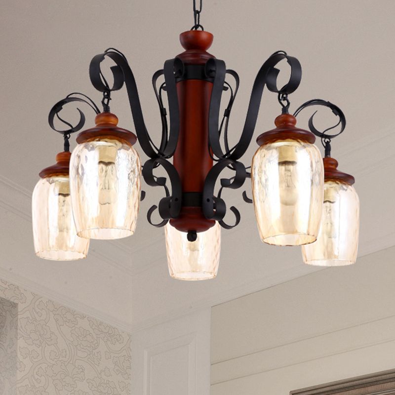 5 Lights Cylinder Ceiling Pendant Light with 27.5" Metal Chain Country Suspension Light in Black