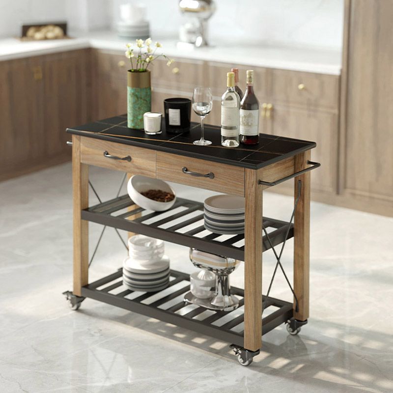 Open Storage Kitchen Trolley Rolling Prep Table with Open Shelves