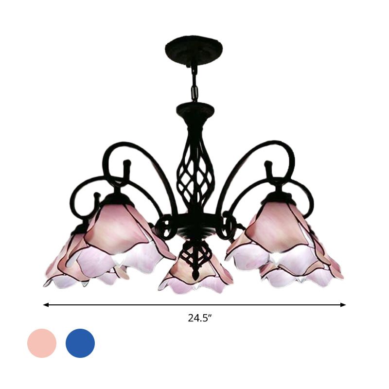 Petal Chandelier Lighting Fixture Tiffany Pink/Blue Glass 5/8 Lights Black Ceiling Pendant Light for Bedroom