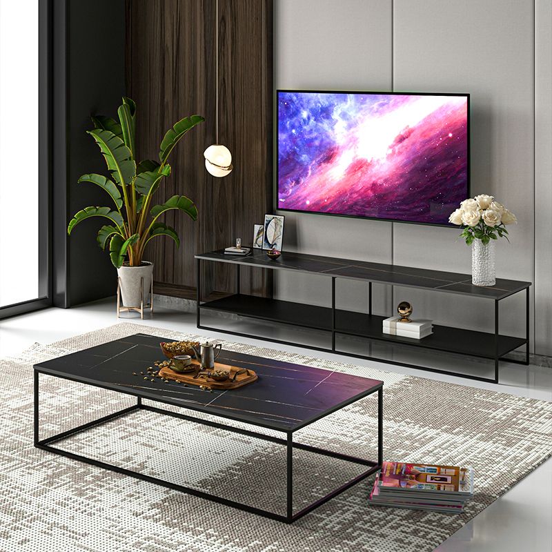 Open Shelving TV Media Stand Contemporary Stone and Metal TV Stand Console