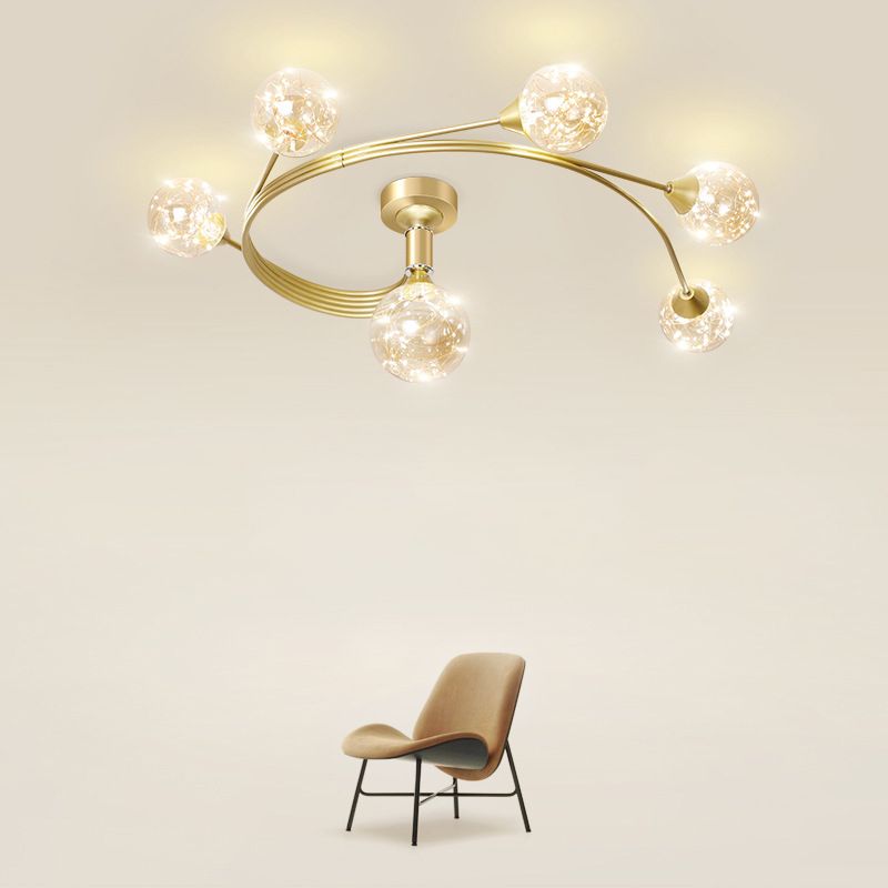 Metal Curve Semi Flush Mount Minimalist Starry LED Ceiling Light with Ball Glass Shade