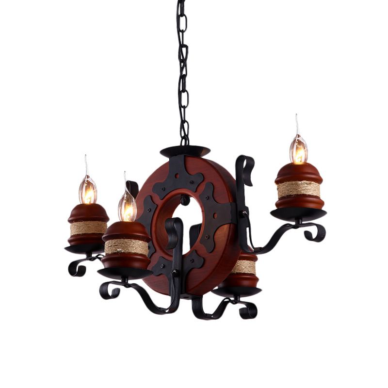 4/6 Lights Candle Chandelier Light Fixture Vintage Brown Wood Pendant Lighting with Round Design