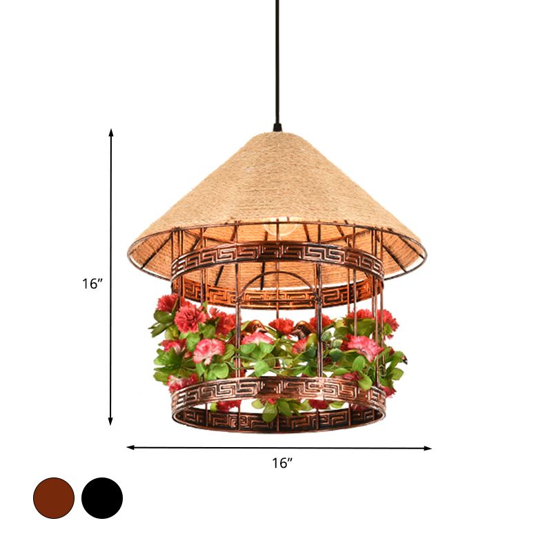 1-Bulb House-Anhänger Deckenleichte Vintage Schwarz/Rost-Finish-Lampe mit Blumen/Reben-Deko