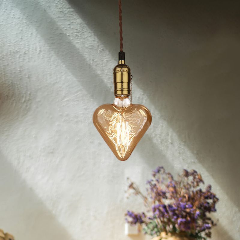 Industrial Heart Shape Down Lighting 1-Light Amber Glass Hanging Pendant Lamp in Brass