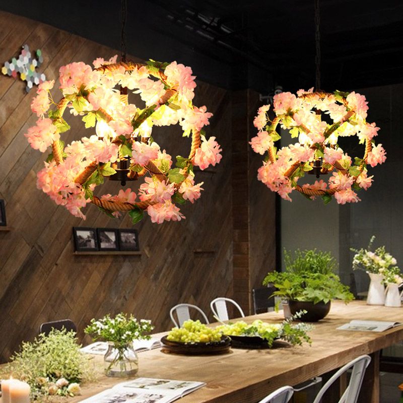 Orb Restaurant Chandelier Pendant Light Industrial Metal 4 Lights Pink LED Flower Suspension Lamp