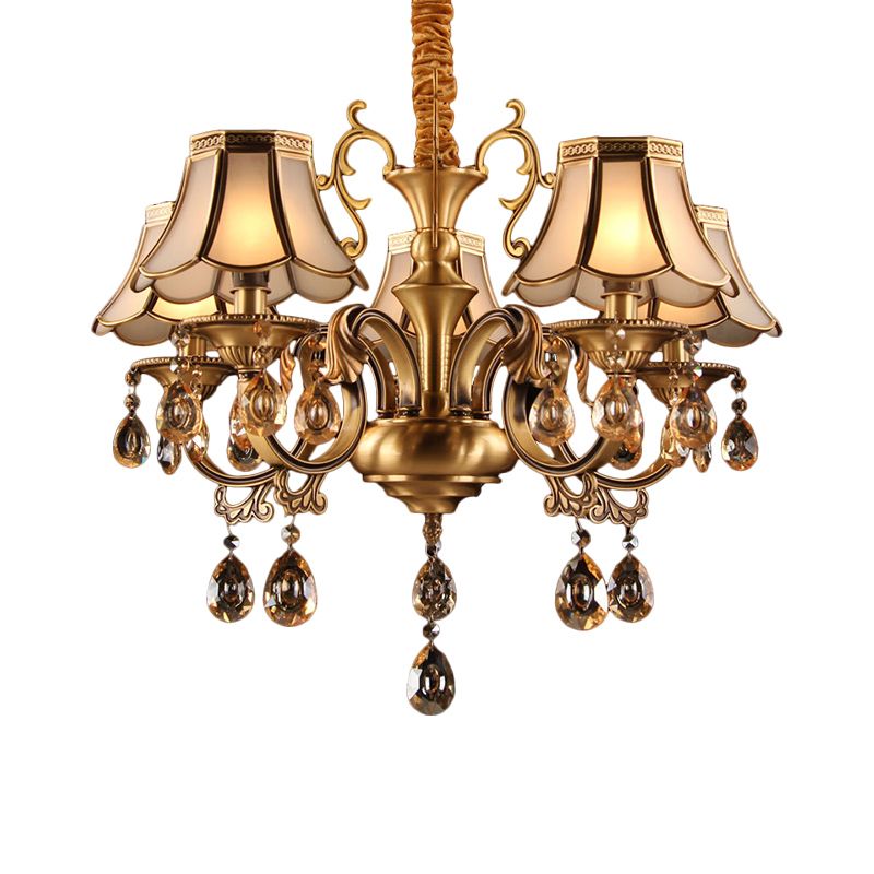 Colonial Scalloped Hanging Chandelier 5/6/8 Lights White Frosted Glass Down Lighting Pendant in Gold with Crystal Drop