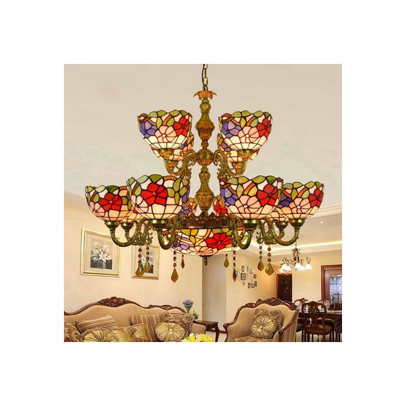 15 lumières Dome Shade suspendu Light Tiffany Treated Tanking Chandelier à deux niveaux avec motif de fleurs pour salle à manger