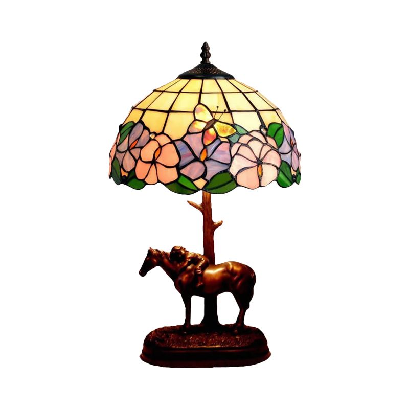 Tiffany Butterfly-In-Flowers Night Lamp Single-Bulb Gridded Stained Glass Table Lighting in Coffee