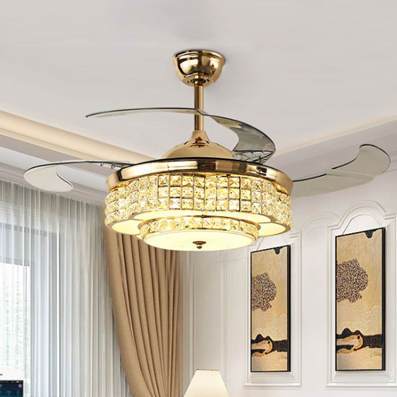 42" W LED Hanging Fan Light Modern Circular Clear Square-Cut Crystals 3 Blades Semi Flush Mount in Gold