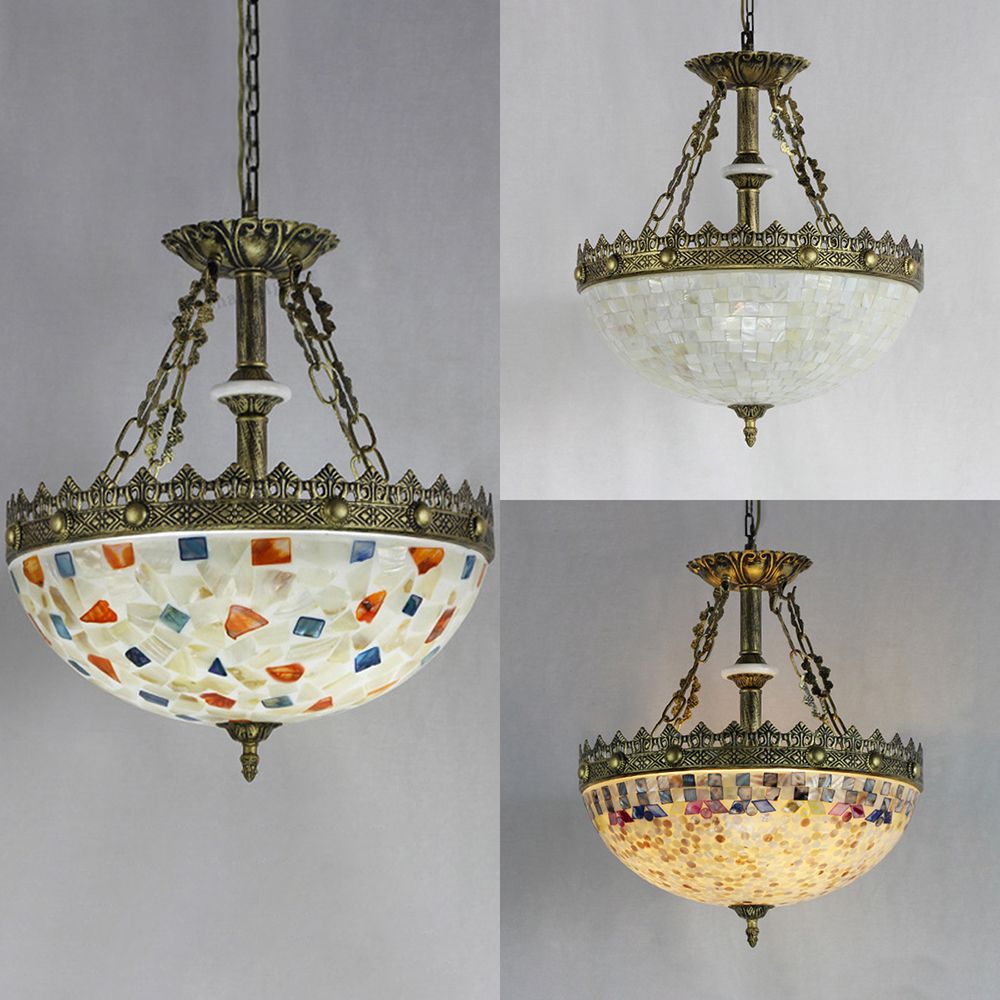 Stained Glass Bowl Pendant Light with Metal Chain Vintage Hanging Ceiling Light in White/Beige/Orange-Blue for Foyer