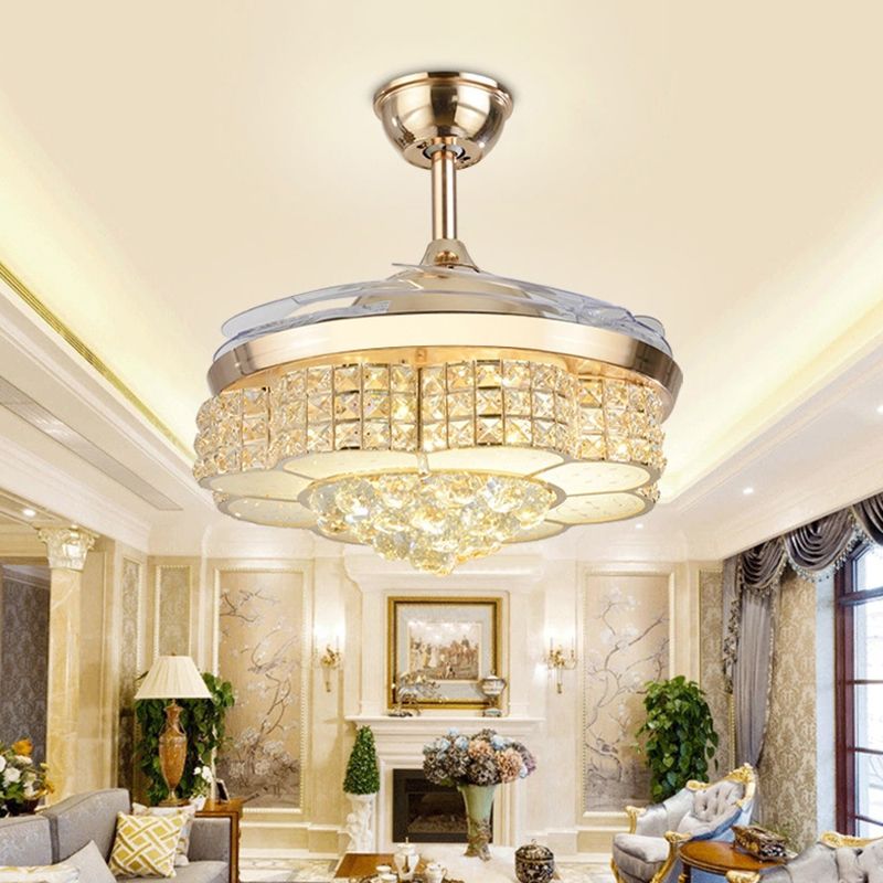 4-Blade Minimal Floral Ceiling Fan Light Crystal Encrusted Living Room LED Semi Flush, 19" Wide