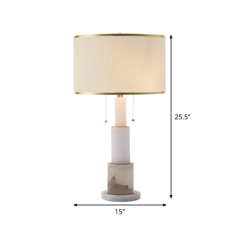 White Cylinder Desk Light Modern 2 Heads Fabric Night Table Lamp with Pull Chain