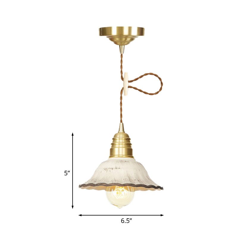 Industrial-Style Scalloped Hanging Light Kit 1 Head Ceramics Pendant Lamp Fixture in Gold